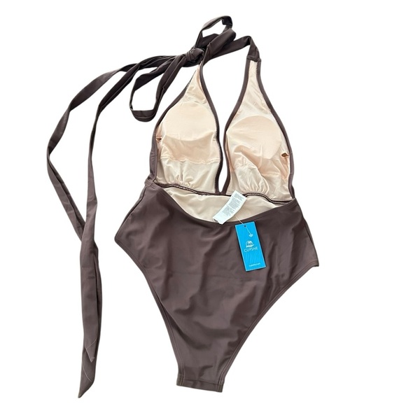 NWT Cupshe size Small Brown Plunge Cross back Tie One Piece Swimsuit Sexy New - Picture 4 of 12